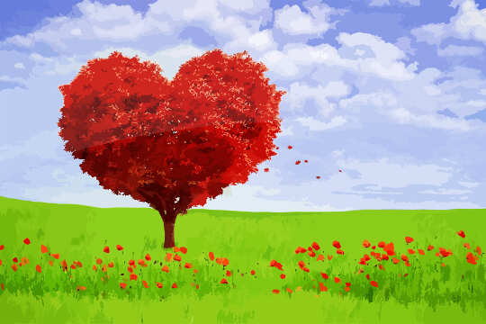 How Do We Create World Peace? We CAN Get There From Here red tree shaped in a heart form in a field of green with red flowers in the forefront